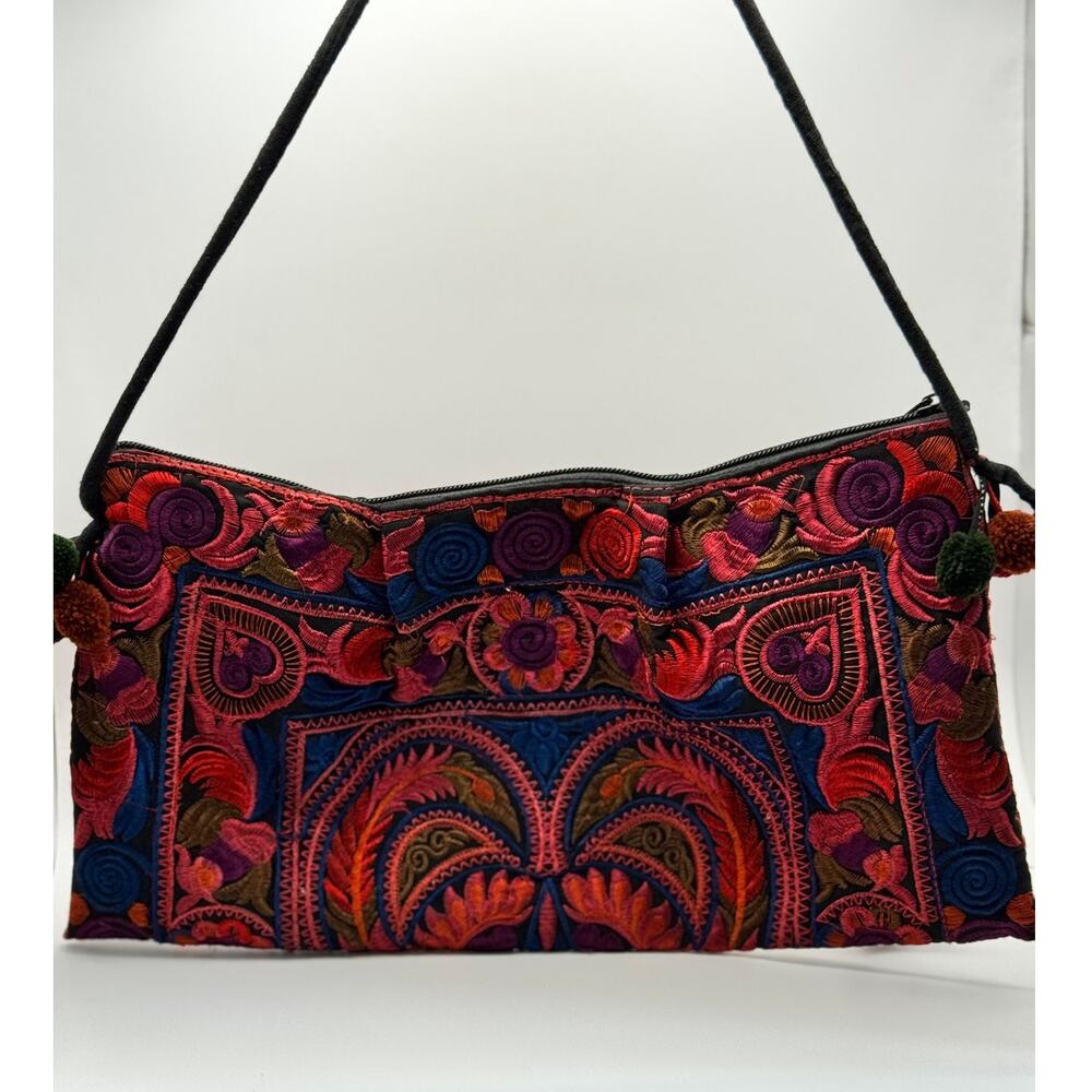 Lumily Embroidered Shoulder Bag Boho Floral‎ Zip Purse Pom Tassels